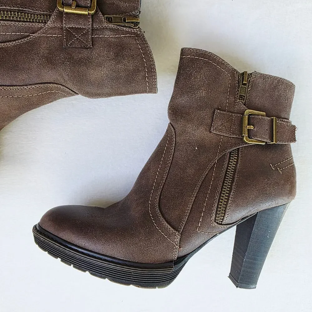 White Mountain Ankle Boots Size 8 Brown Buckle Zip Block Heel Moto Boho Western